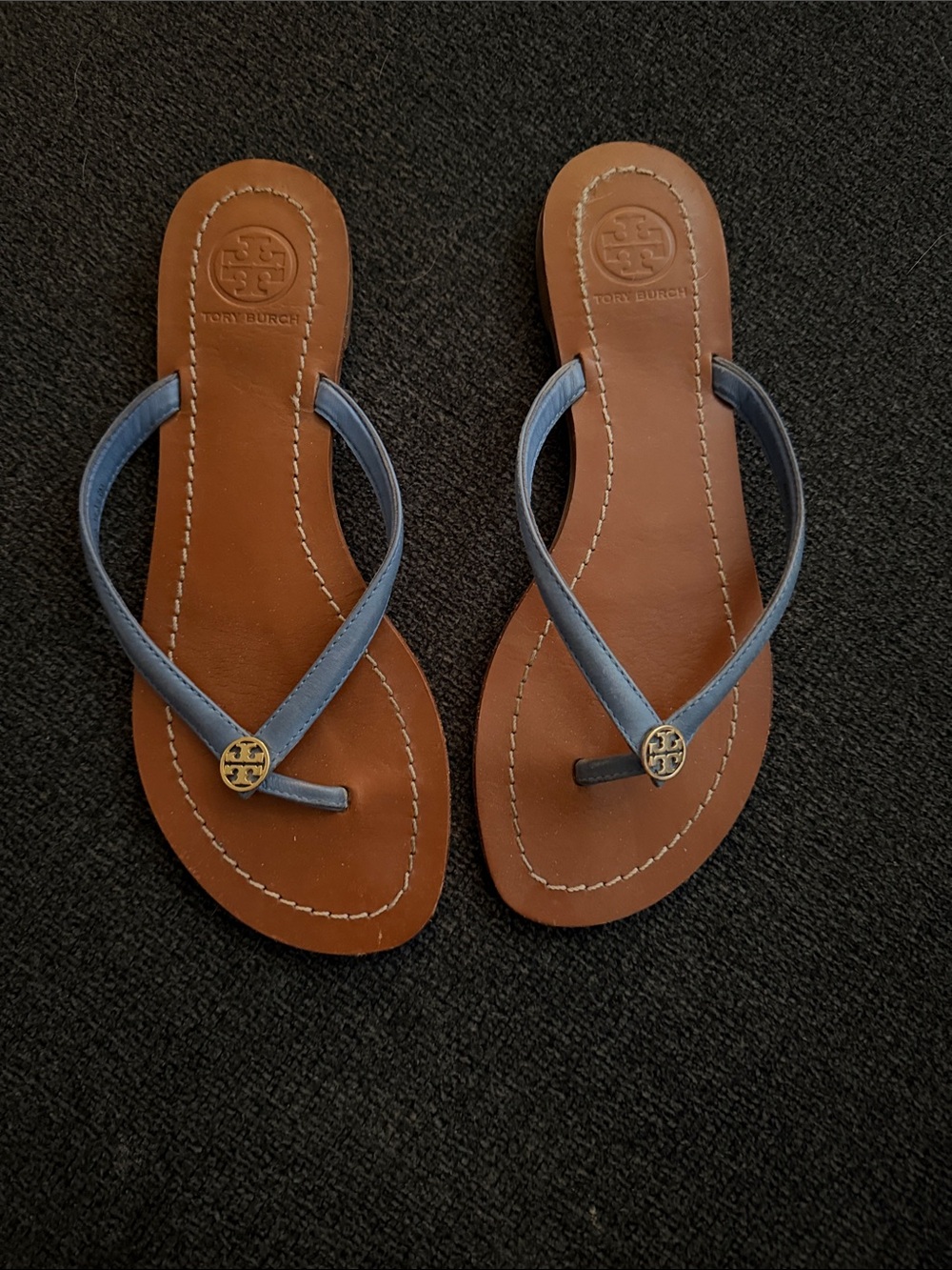 Tory Burch Brown Footbed Leather Thong Sandals with Blue Straps